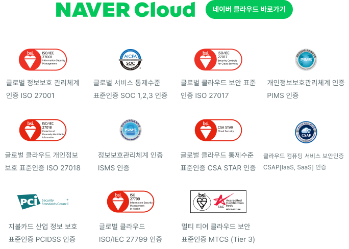 네이버 클라우드 보안 인증 내역