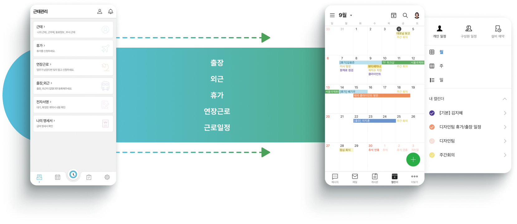 타임인아웃 내 출장, 외근, 휴가, 연장근로, 근로일정 데이터 네이버웍스 연동